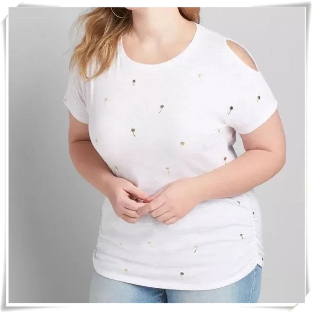 💲Sale 3/$15 - Lane Bryant White Cold Shoulder Ruched Sides Tee Top Palm Trees